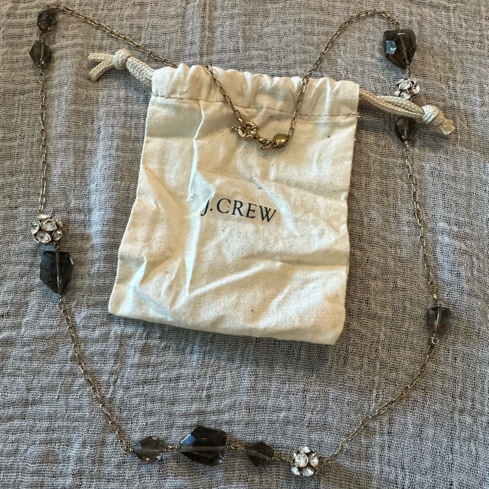 VGUC J. Crew Gold and Smoky Black Long Chain Necklace Crystals Classic Office